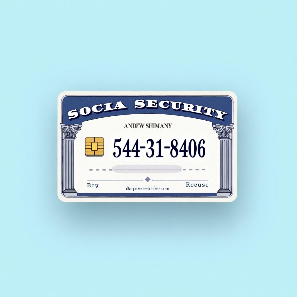 Depiction of a generic social security card. Prominent text features 'ANDREW MICHAEL SHIFFER'. Key numbers displayed are '544-31-8406'. Card shows graphic chip. Decorative elements indicate official nature. Background is soft blue. Design is professional and clean.