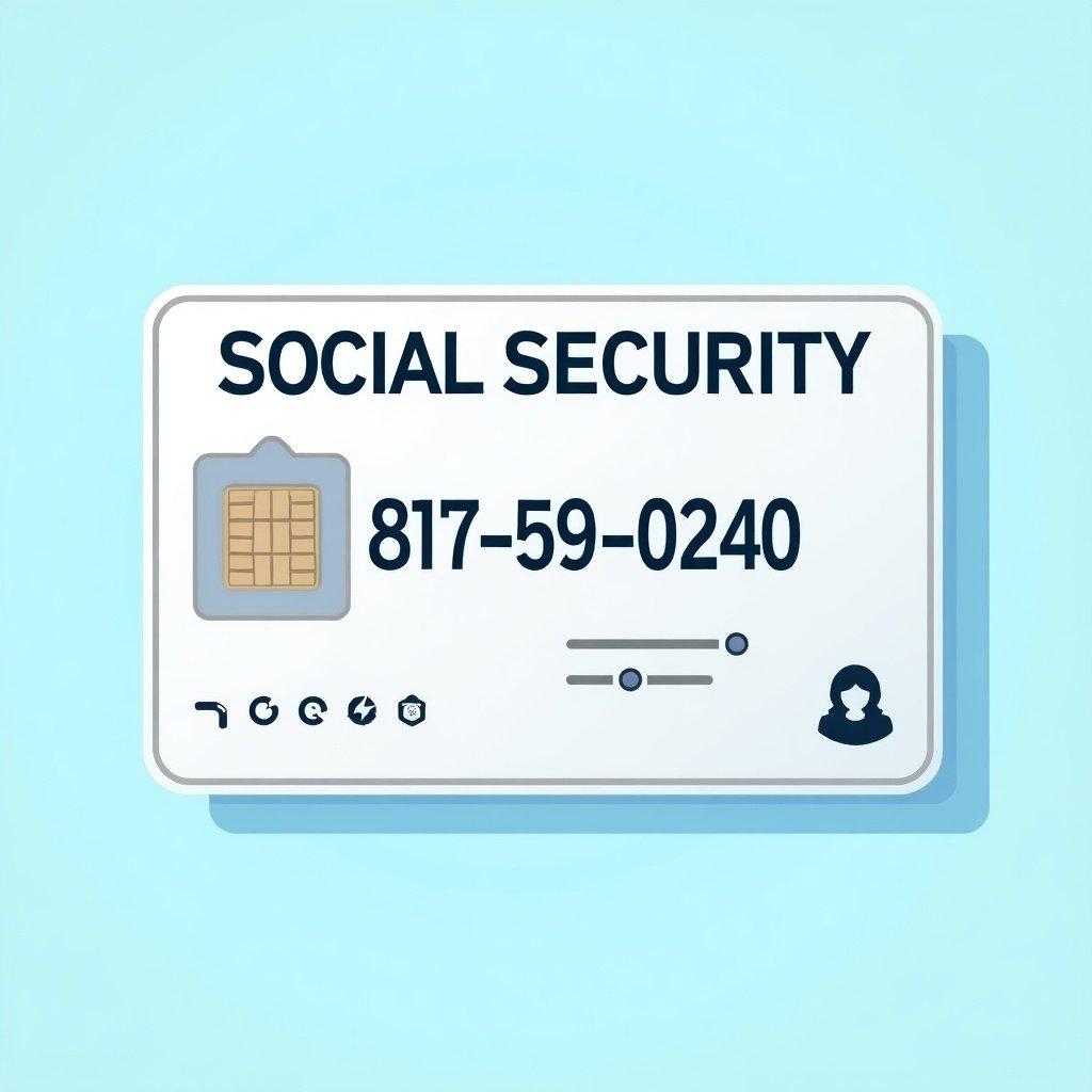 A generic social security card is presented. The text 'SOCIAL SECURITY' appears prominently at the top. The number '817-59-0240' is displayed. A graphic chip symbolizes modern identification. Decorative elements suggest its official nature. The background is a soft blue, enhancing appeal. The design is clean and professional, indicating the importance of social security identification.