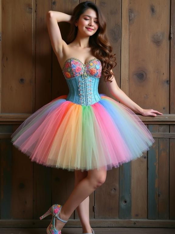 High-resolution photograph of a young woman posed elegantly against a rustic wooden wall. She wears a vibrant multi-colored tulle tutu skirt with pastel hues. Skirt is adorned with intricate floral embroidery. Top is a corset-style bodice with a vibrant blue base and floral pattern. Corset accentuates her hourglass figure. She wears high-heeled platform shoes with a floral design. Long wavy brown hair cascades over her shoulders. Serene expression with a slight smile. Left arm bent resting on her head, right arm extended against the wall. Background is rustic wooden wall with varying shades of brown. Floor is dark wood, contrasting with bright colors of her outfit. Overall composition is vibrant and stylish.