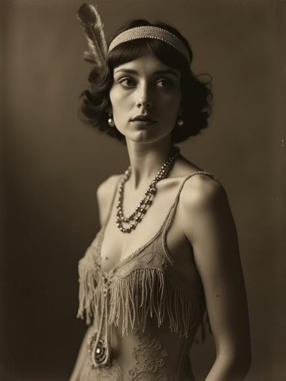 Vintage photo of a stunning slender singer in a 1920s speakeasy club. She wears a stylish flapper dress with fringe, beads, and a feather. The image has sepia tones and a soft focus, reminiscent of early 1900s photography.