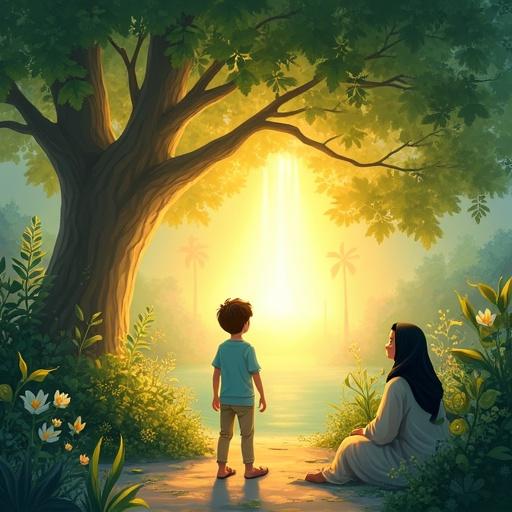 Children's storybook-style illustration depicting a two-part scene. In the first part, a boy in a glowing garden stands before a radiant tree. The boy is 6-8 years old with short dark brown hair, wearing a light blue shirt and beige pants. Soft light shines from beneath the tree. In the second part, the boy smiles beside his featureless mother in their home garden. She wears a black hijab and gray abaya. The scene combines imagination with reality, featuring smooth transitions and glowing colors.