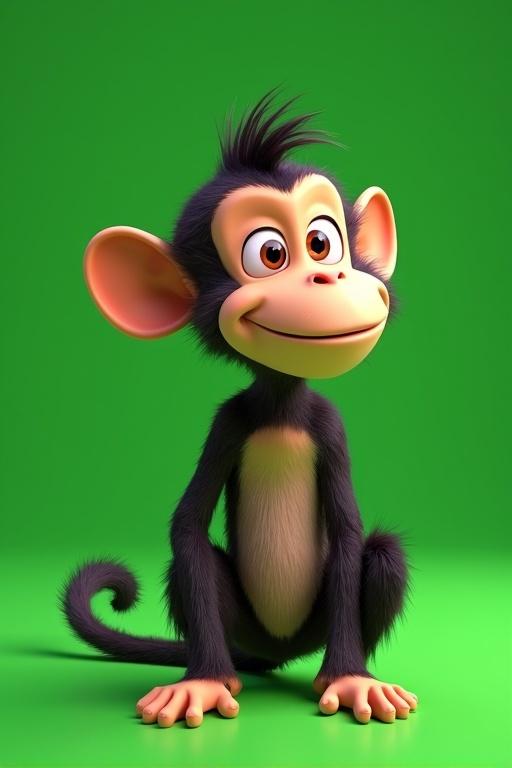 3D animated monkey character designed for a greenscreen background. Character has a cheerful expression, large ears, and is posing playfully. Color palette includes green for the background, brown for the fur, and beige for the belly.