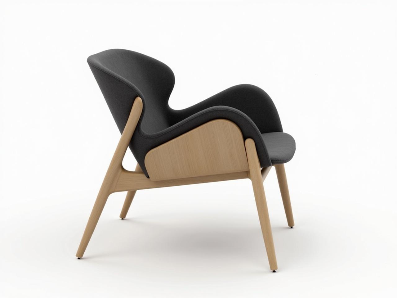 This image shows a modern chair design featuring a sleek, minimalistic style. The chair has a unique shape that blends wood and fabric materials. The backrest is cushioned, providing comfort, while the seat is slightly reclined. The wooden parts have a light, natural finish that contrasts with the dark upholstered sections. The overall design has a stylish, contemporary look, suitable for various interior settings.