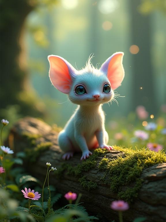 Small ethereal creature in enchanted forest. Oversized head with large expressive eyes. Soft hair-like tendrils. Compact body with velvety texture. Sitting on moss-covered log. Surrounded by wildflowers and green moss. Background features tall trees and diffused light. Magical atmosphere with shimmering orbs.