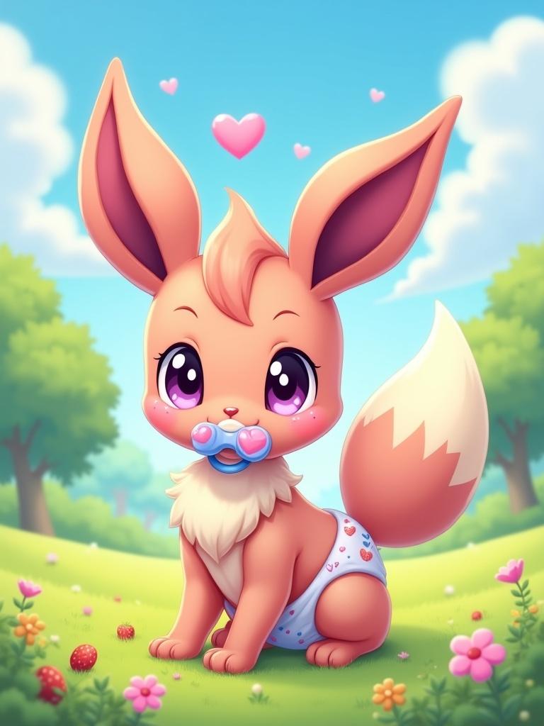 A cute baby female sylveon has playful expression. Bright purple eyes are visible. A pink and blue dummy is in her mouth. She wears a white diaper decorated with strawberries and sweets. Hearts float above the sylveon symbolizing her affection for wearing diapers. A vibrant grassy setting surrounds her with blooming flowers. Lush green trees are in the background under a clear sunny blue sky.