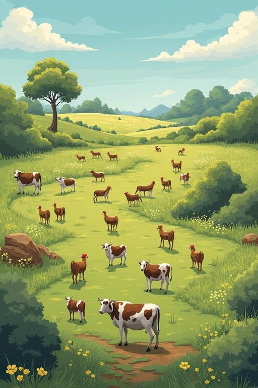Illustration of a lush green farm area. Numerous cows grazing peacefully. Poultry wandering on the grass. Rolling hills in the background. A few trees scattered in the scene. Bright blue sky with fluffy white clouds.