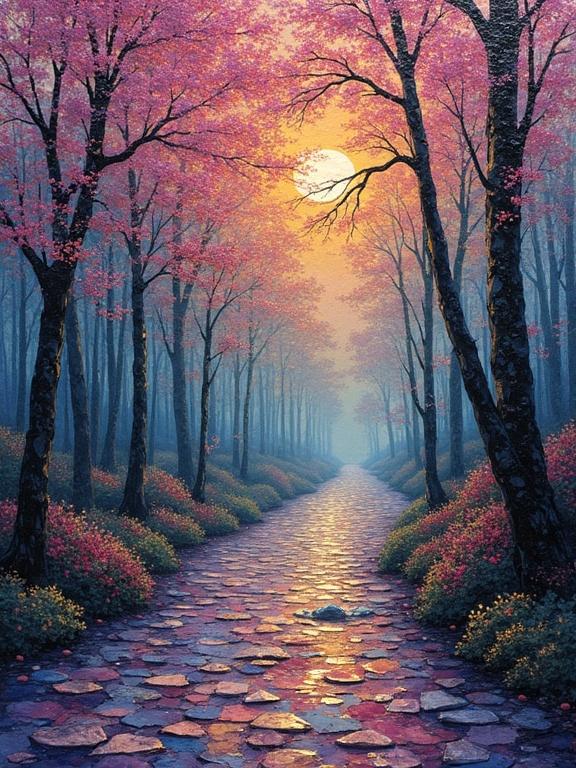 A serene landscape featuring a winding path under a moonlit sky. Trees with pink blossoms line the path. Soft hues of purple and orange create an ethereal atmosphere. The ground is adorned with colorful flowers. A tranquil and peaceful scene.