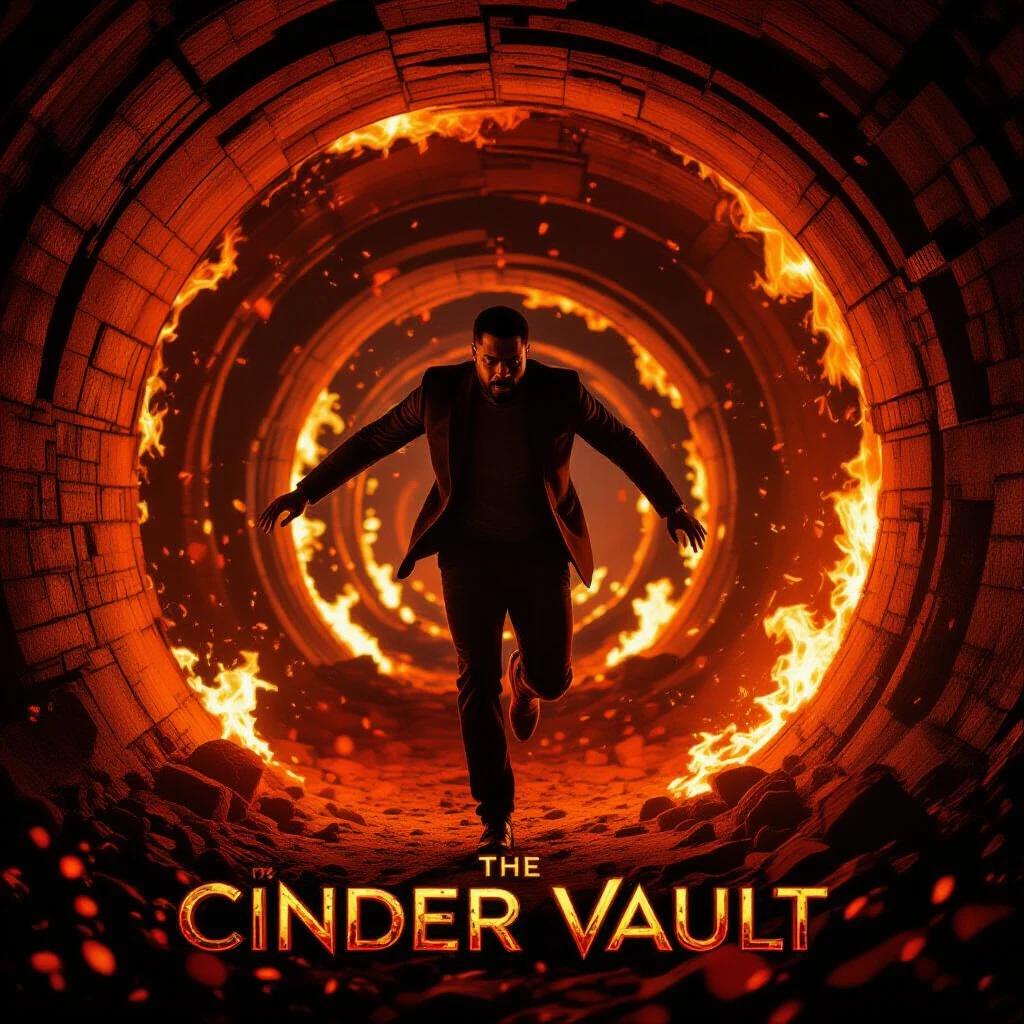 Mid-fall snapshot of Sterling K. Brown surrounded by molten tunnel walls cracking with fire. Debris and ember particles float midair as flames burst from fissures below. Camera angle from above showcases slow-motion descent with a red-orange glow and thermal distortion.