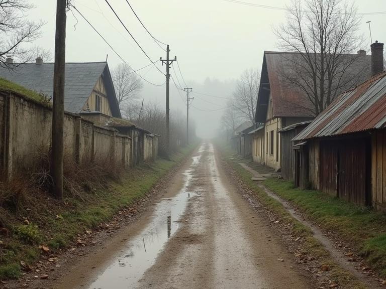 Photograph depicts a foggy street in an eastern European setting. The scene features a dirt road with puddles. Houses line the street. Road appears to ascend gently. The atmosphere is quiet and evocative, suggesting a historical context.