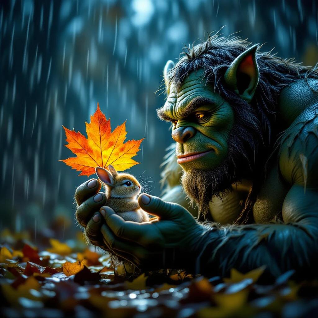 In a torrential storm at night, a kind-hearted ogre holds a large autumn leaf over a tiny baby bunny in its hand, protecting it from the heavy rain. The scene features vibrant dark colors in high definition.