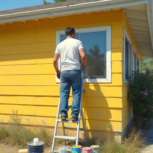A painter works on a sunny yellow house. The painter wears worn jeans and a white shirt with paint stains. He stands on a ladder. Paint cans and rollers surround him. The scene captures focus and concentration. The light highlights the rural landscape. The style blends Impressionism and detail.