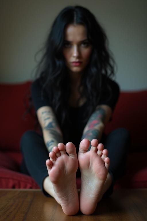 Mature goth woman with long black hair shows tattooed soles of bare feet. She sits relaxed on a sofa with feet on coffee table. The setting has a warm ambiance.