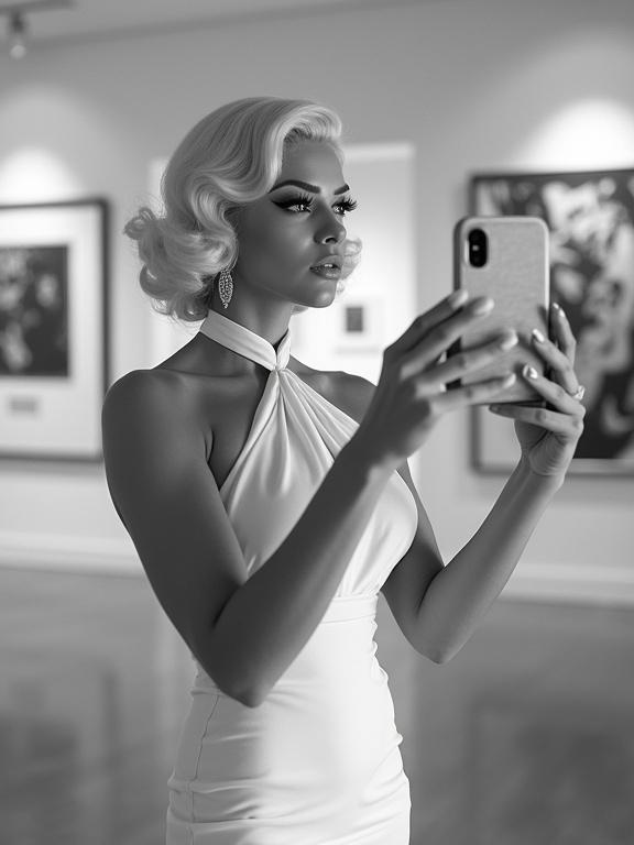 Glamorous woman styled like a vintage Hollywood icon. Platinum blonde curls. Winged eyeliner and beauty mark. Confidently standing in a modern art gallery. Wearing a classic white halter dress. Captured in high-contrast black and white. Taking a selfie with a smartphone.