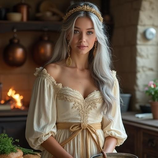Half-body portrait of a young noblewoman. She has long silver hair and a golden headband. Light gray-blue eyes and a soft smile. Wearing an elegant dress with gold embroidery. Features a finely embroidered apron. She is stirring a pot in a richly decorated kitchen. Background shows stone walls and copper pots. Warm, soft lighting creates a cozy atmosphere.