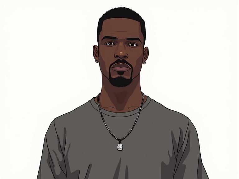 A black male character is portrayed from the chest up, directly facing the camera. The character wears a solid color t-shirt and is represented in a Grand Theft Auto 3 style illustration. Bright light illuminates the figure without casting shadows. The background is plain and unobtrusive.