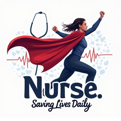 Dynamic design for nurses with stethoscope turning into red cape. Heartbeat line included. Text says Nurse: Saving Lives Daily in bold navy blue. Centered on transparent background. Clean vector art with comic-book shading.
