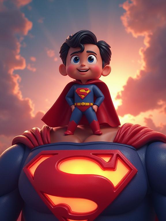 A vibrant 3D animated poster featuring a small superhero in a classic pose standing on a larger superhero's chest. The design showcases a random dynamic angle with a warm sunset behind.