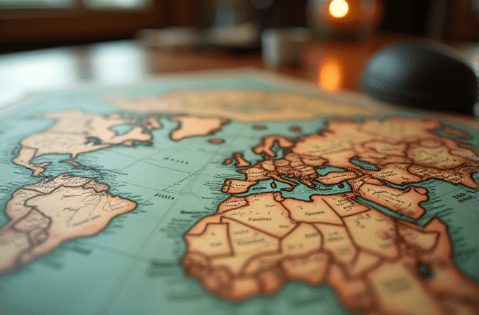 A vintage-style world map with pastel colors is laid out on a wooden desk, surrounded by small objects and diffuse warm lighting.