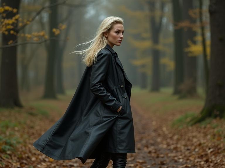 Image features a woman in a black leather trench coat and black leather pants walking in a misty forest during autumn.