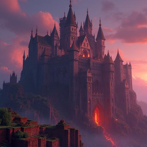 Minecraft-style Gothic fortress with lava details. The fortress is large and set on flat land. The scene is lit during twilight with a mystical atmosphere.