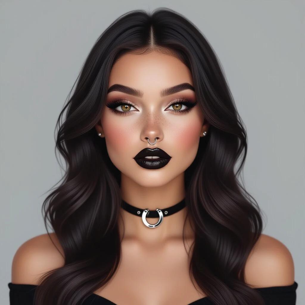 Realistic portrait of a gothic woman with a rounded face. Full lips with glossy black lipstick. Deep black eyes with long lashes. Bold eyeliner and smoky eyeshadow. Dark brown freckles on nose and cheeks. Silver horseshoe septum ring. Long dark hair. Centered view with soft lighting and neutral background.