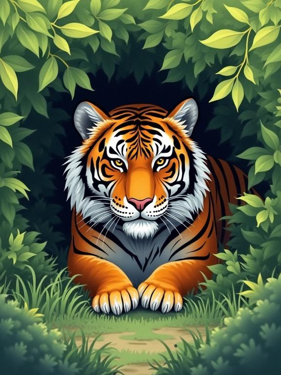 A tiger hiding in green bushes, ready to ambush prey. The tiger is partially covered by leaves, well camouflaged.