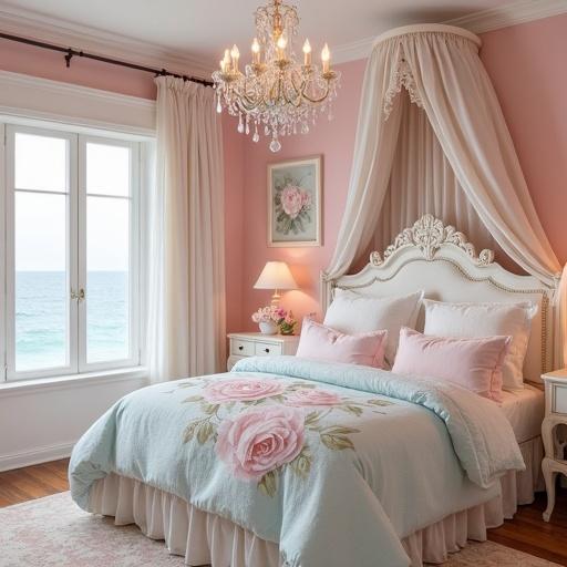 Light pink and white shabby chic bedroom. Cream accents complement the decor. Crystal chandelier hangs above the canopy bed. Light pink roses in a vase on the nightstand. Comfortable bedding with rose print on aqua comforter and pillows. Pink rose painting in white Rococo frame. Light pink walls enhance the room. Beach view visible from window.