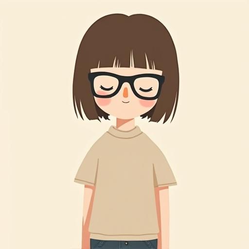 Minimalist flat vector illustration of a faceless human character. Teen with down syndrome. Straight brown hair with a fringe. Black thick glasses. Simplified clothing in neutral colors. Exaggerated silhouette with long limbs and small head. Clean shapes and playful posture.