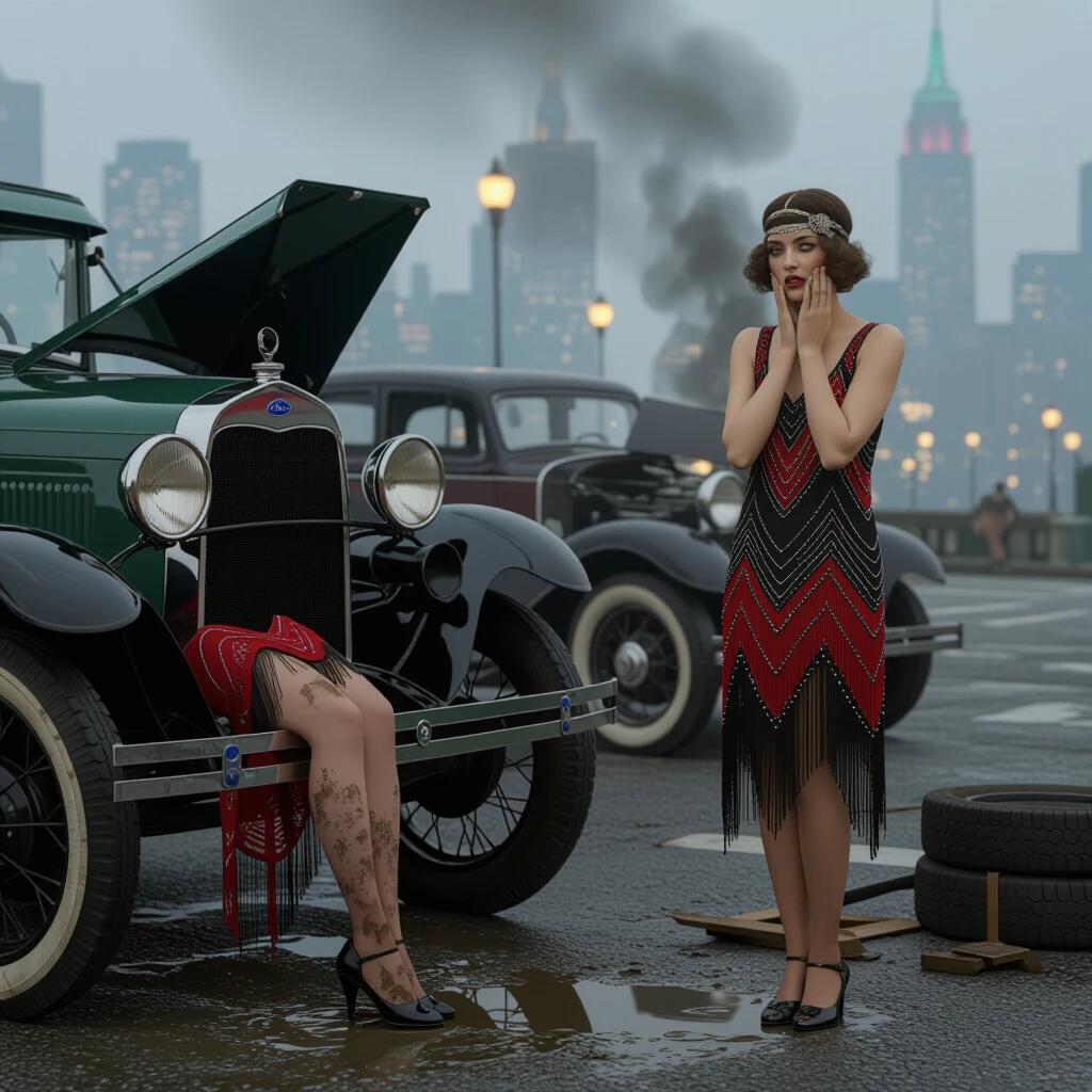 Detailed roadside scene features a woman under a Ford Model A car. Dress hem and muddy stockings are visible. A second woman in a flapper dress stands beside the car. Her hands are pressed to her cheeks in despair looking at the smoking engine. Car is on a jack with oil dripping. Art Deco city lights are faint in the foggy distance. The focus is on the legs and face with 8K detail.