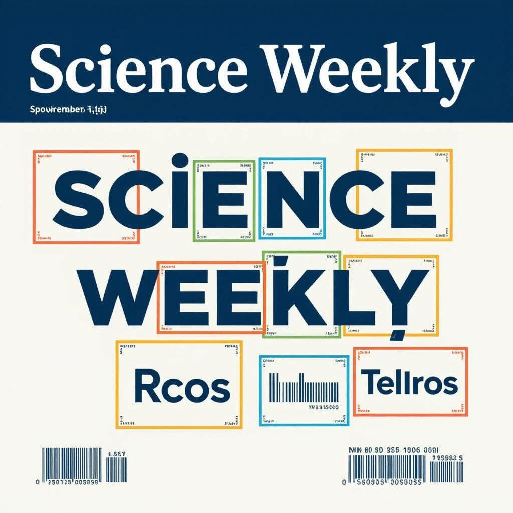 Magazine cover titled Science Weekly. Subtitles located around the main title. Barcodes present within the design. Each word is framed with bounding boxes. Layout simulates OCR text detection effects.