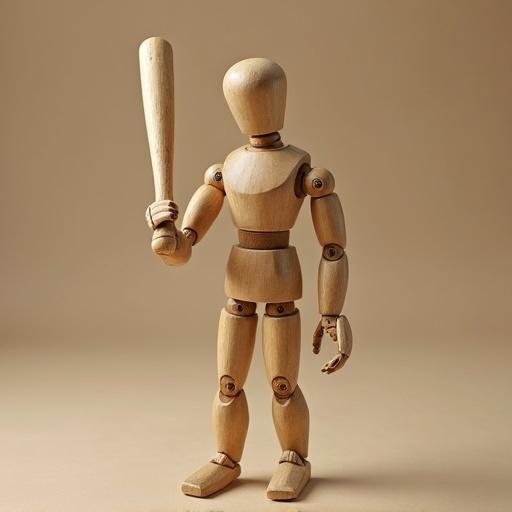 Wooden humanoid figure holds a baseball bat. The figure is crafted from wood. It stands upright. The background is a neutral tone, enhancing the figure's presence. The bat is raised, showing readiness for action.