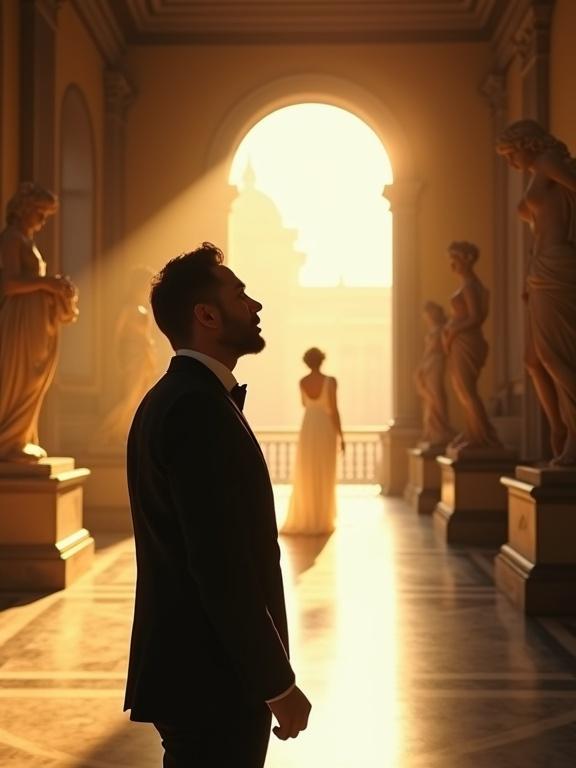 A classical museum gallery at golden hour with warm sunlight streaming through tall arched windows. Dramatic lighting plays across marble floors and Renaissance sculptures. A man in an elegant dark suit stands transfixed in three-quarter view, eyes wide with wonder. His expression shows awe with mouth slightly parted and brow furrowed as he gazes across the space. He raises one hand toward his heart. In the soft-focus background is a silhouette of a woman in flowing fabric. She appears ethereal, floating among classical statues. The composition emphasizes the man's devotion with dramatic lighting that feels both earthly and transcendent. The atmosphere is warm and reverent with romantic spiritual emotions.