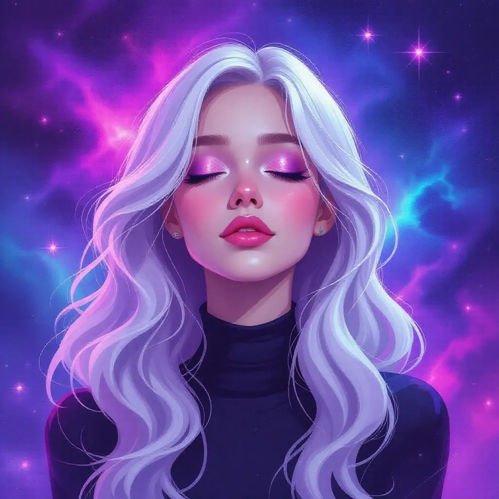 Vibrant digital painting of a young woman with platinum blonde hair and ethereal beauty. Cosmic backdrop with swirling stars and nebulae. She has a serene expression and wears a delicate necklace. Flowing dress blends with the colors of the universe. Composition evokes tranquility and wonder.