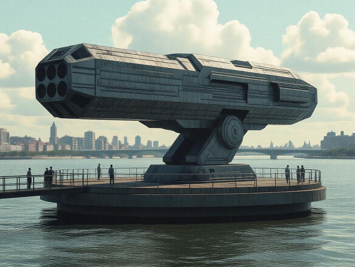 Cinematic depiction of a monumental sci-fi mechanical torrent gun on an island. Gun made of bulky, sleek grey metal. Positioned on a rotating metal platform. Small figures stand near guard rails. City skyline visible across the river. Bright sunlight with clouds.