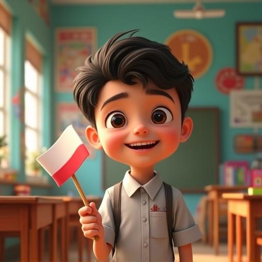 An 8-year-old boy holding a small flag. He is smiling in a school environment. Short dark hair and expressive eyes. Wearing a school uniform. Background shows colorful classroom details and Persian writing on the walls. Image depicted in a Pixar animated style.