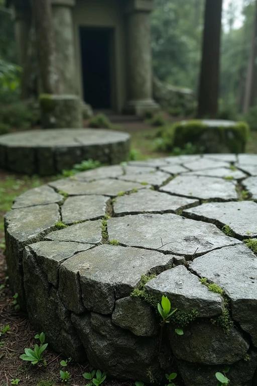 Large cracked rock platform appears weathered and natural. Details of moss and grass can be observed on the stone. The platform resembles a flat altar. The scene conveys a mystical feel with elements of fantasy.
