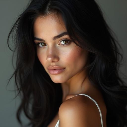 Ultra-realistic portrait of a beautiful woman with striking eyes and black hair. The image features soft lighting that enhances her flawless skin and showcases elegant makeup. The style is highly detailed and photorealistic, capturing a captivating expression that draws the viewer in. Taken using studio lighting techniques for optimal realism.