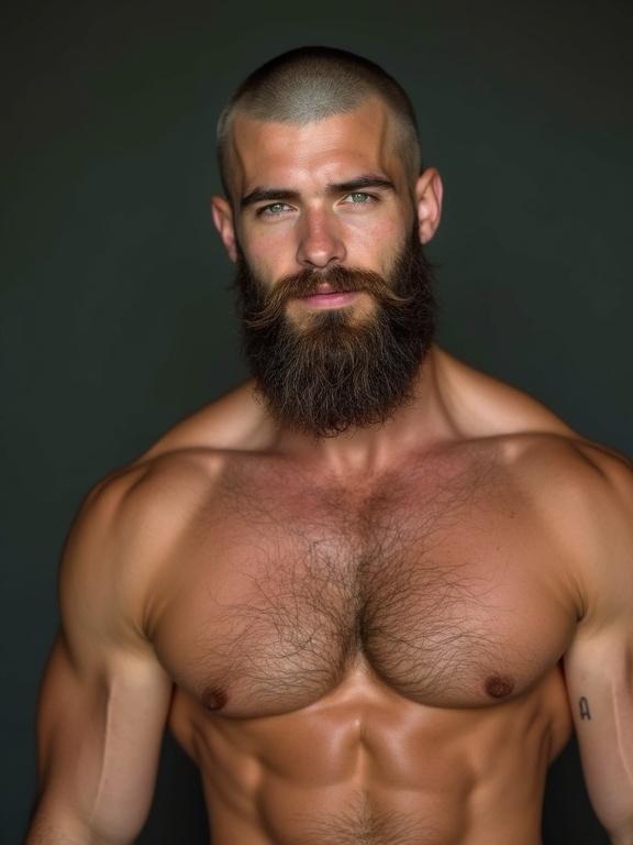 Portrait of a young man with green eyes. Shaved head and long beard. Muscular physique shown in a frontal pose. Appears smart and sweet with a shy smile.