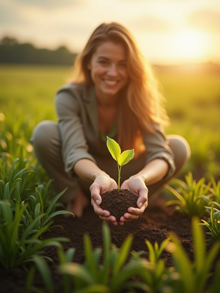 A purpose-driven female entrepreneur planting a seed. Eco-friendly modern business attire. Serene determined expression. Lush sunlit natural environment. Green fields and golden sunlight. Atmosphere of hope and inspiration. Soft depth of field and ultra-realistic textures.