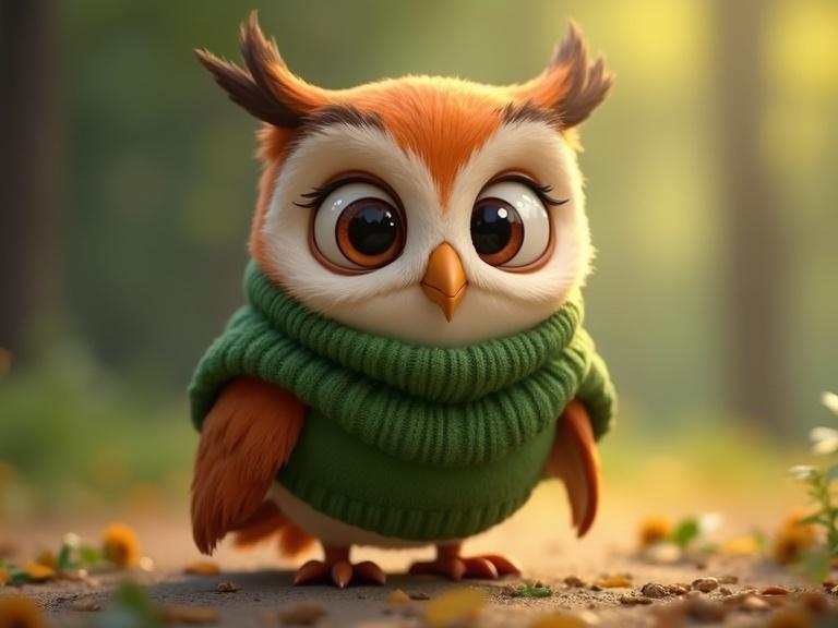 An adorable owl in a green sweater looks back and forth. The owl has big eyes. The style resembles Disney cartoons. The owl appears happy and playful.