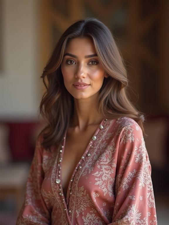 Picture of a woman in traditional attire with soft lighting. She has long hair and a serene expression, wearing a stylish outfit with embellishments.