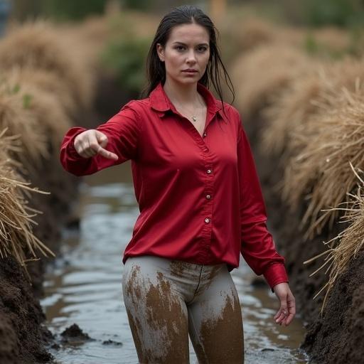 Video of woman standing in muddy ditch. Centered in the image. Red satin long sleeve shirt covered in mud. White satin leggings underneath also muddy. Wet hair pulled back. Mild displeasure shown by thumbs-down. Straight body posture. Facing viewer. Ditch filled with dark muddy water. Surrounding dry straw. Garden or rural area environment. Natural overcast lighting. Muted tone impression. Simple composition and slightly elevated perspective. Predominantly muted colors.
