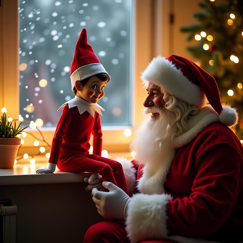 Elf on the shelf sits beside Santa in a cozy setting. Warm lights create a festive atmosphere with snow outside.