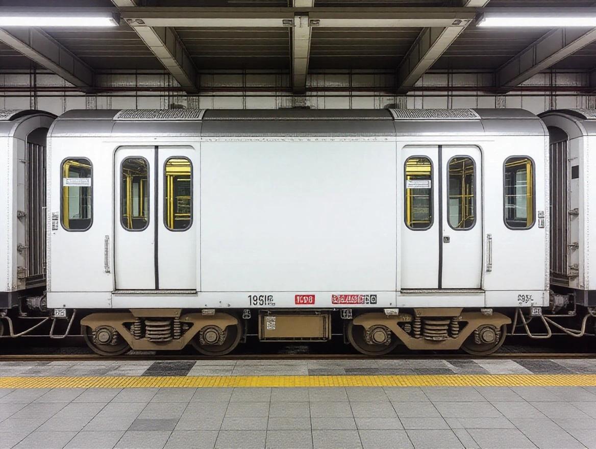 Page for practicing graffiti art featuring a clean subway car in profile. Urban background with a focus on empty space for drawing. Realistic details like doors, windows, wheels, and metal texture included. Vertical format suitable for street art sketching or coloring.