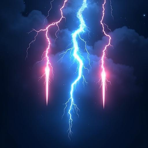 Three bolts of lightning with piercing effects. Icon design for a game asset. Electric blue and bright pink colors used. No background provided for transparency.