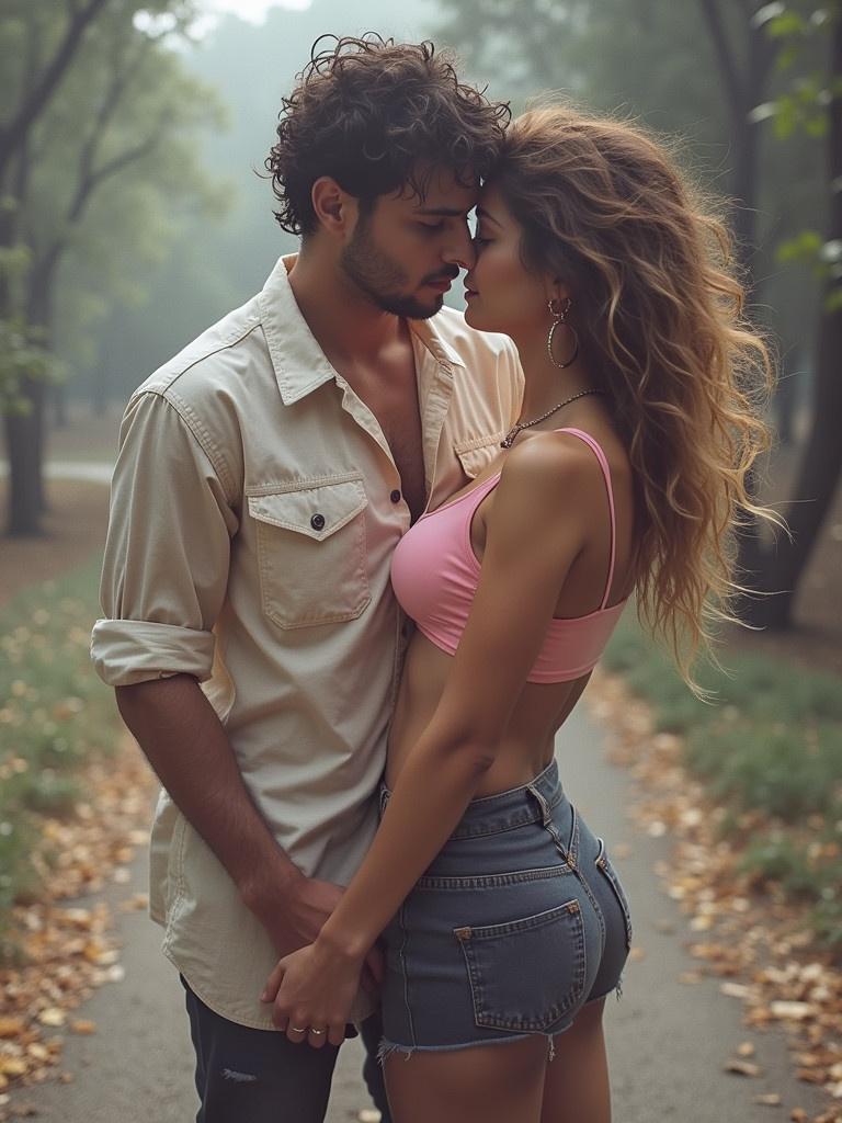 A couple shares an intimate moment in a serene forest setting. They hold hands and lean into a close embrace amidst nature. The woman wears a pink crop top and denim shorts. The background shows a path lined with trees and fallen leaves.