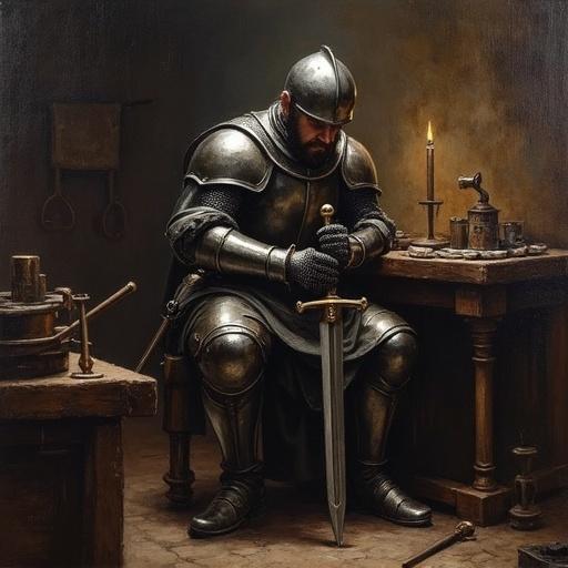 Oil painting of a medieval knight sharpening his sword in a blacksmith. Knight sits on a wooden chair. Sword rests on his lap.