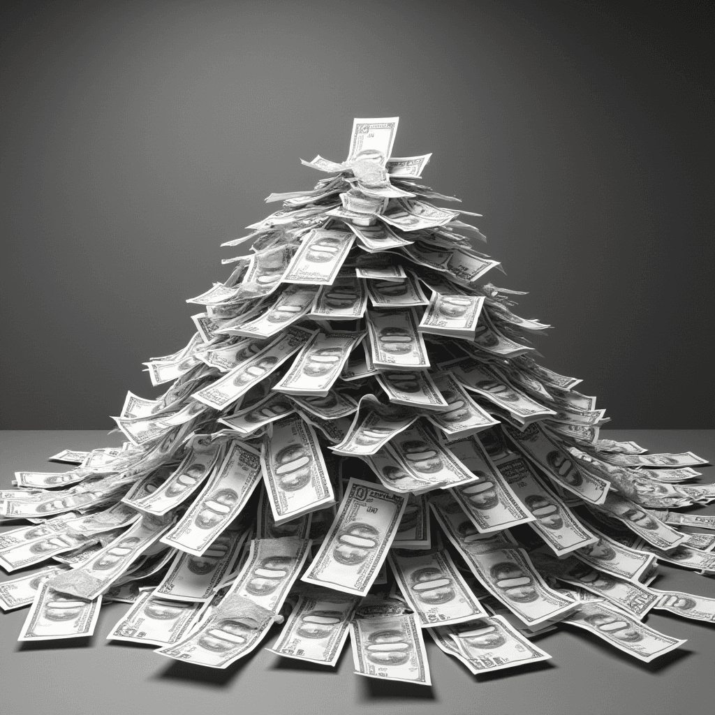 A large pile of one hundred dollar bills stacked in the shape of a pyramid.