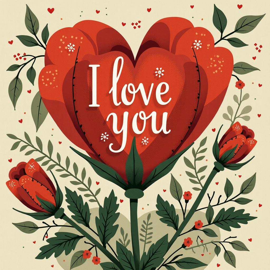 This image features a stylized illustration of vibrant flowers arranged in the shape of a heart. The background is a soft beige, allowing the colors of the flowers to stand out. In the center, the phrase 'I love you' is beautifully scripted in bold, elegant typography. Green foliage surrounds the flowers, adding a natural touch to the design. This artwork captures the essence of love using the language of flowers, perfect for expressing affection.