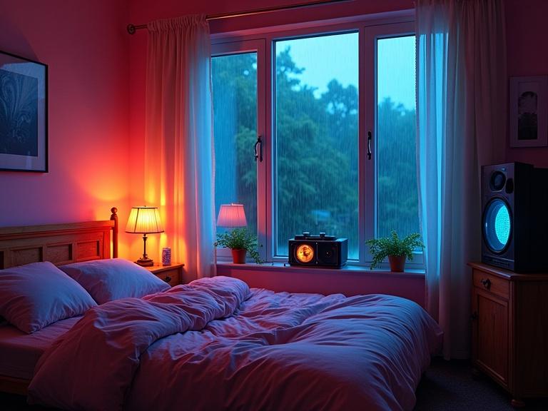 Cozy bedroom with vibrant, pulsating lights and a high-tech radio player. Heavy rain pours outside the window. Warm indoor atmosphere contrasts with stormy weather outside.